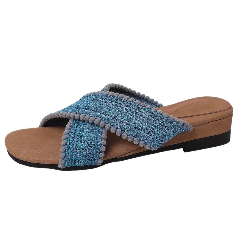 Retro Keilabsatz Hausschuhe Damen Sommerbekleidung tragbar gekreuztes Band koreanische Version vielseitig flacher Boden ein Pedal Hausschuhe Tide