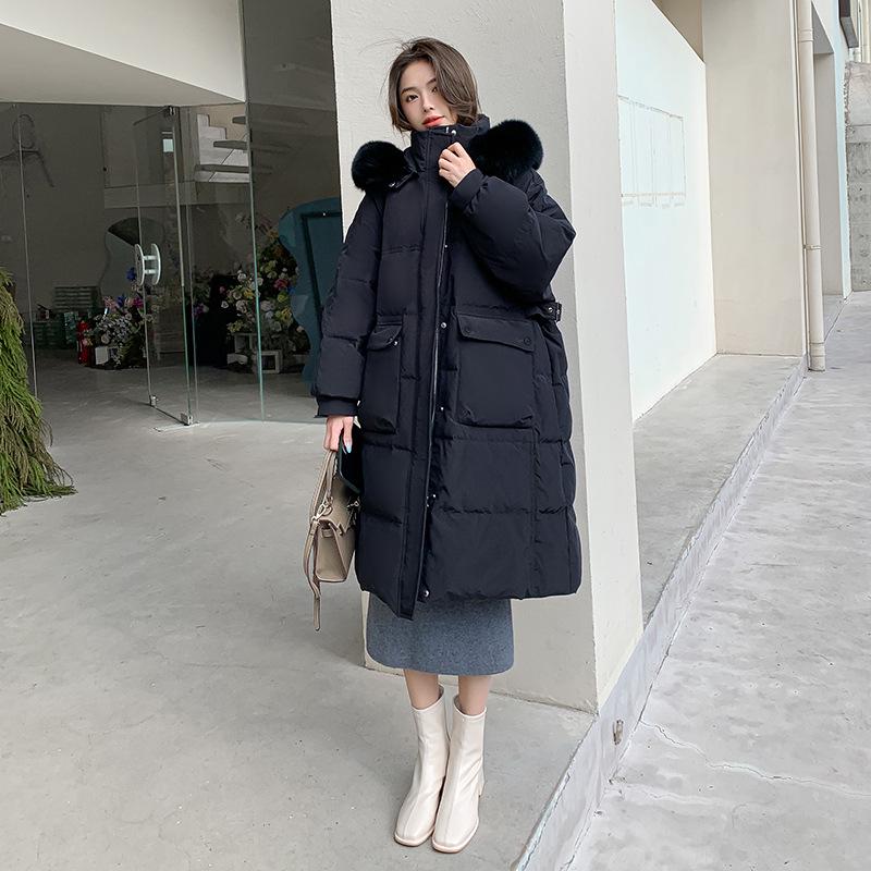 Plus Size Long Down Jacket for Women with Fur Collar and Hood, 300 Jin Capacity