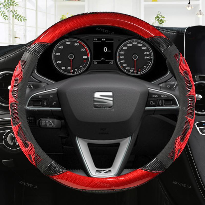Husa Volan Auto Fibra De Carbon+Piele Antiderapante 38cm Pentru Seat Tarraco Arona Ateca Ibiza Toledo Mii Leon Arosa Exeo ST FR