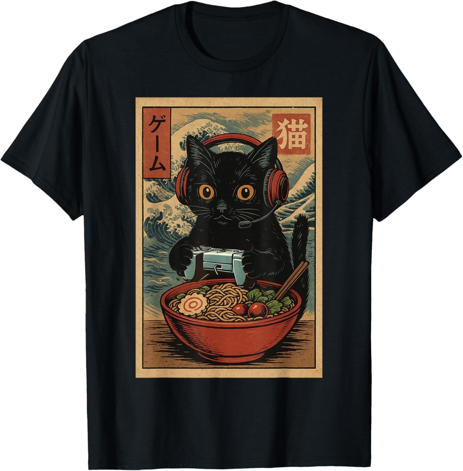 

Cute Kawaii Gamer Cat Funny Ramen Retro Japanese Cat Gaming unisex T-Shirt 4XL