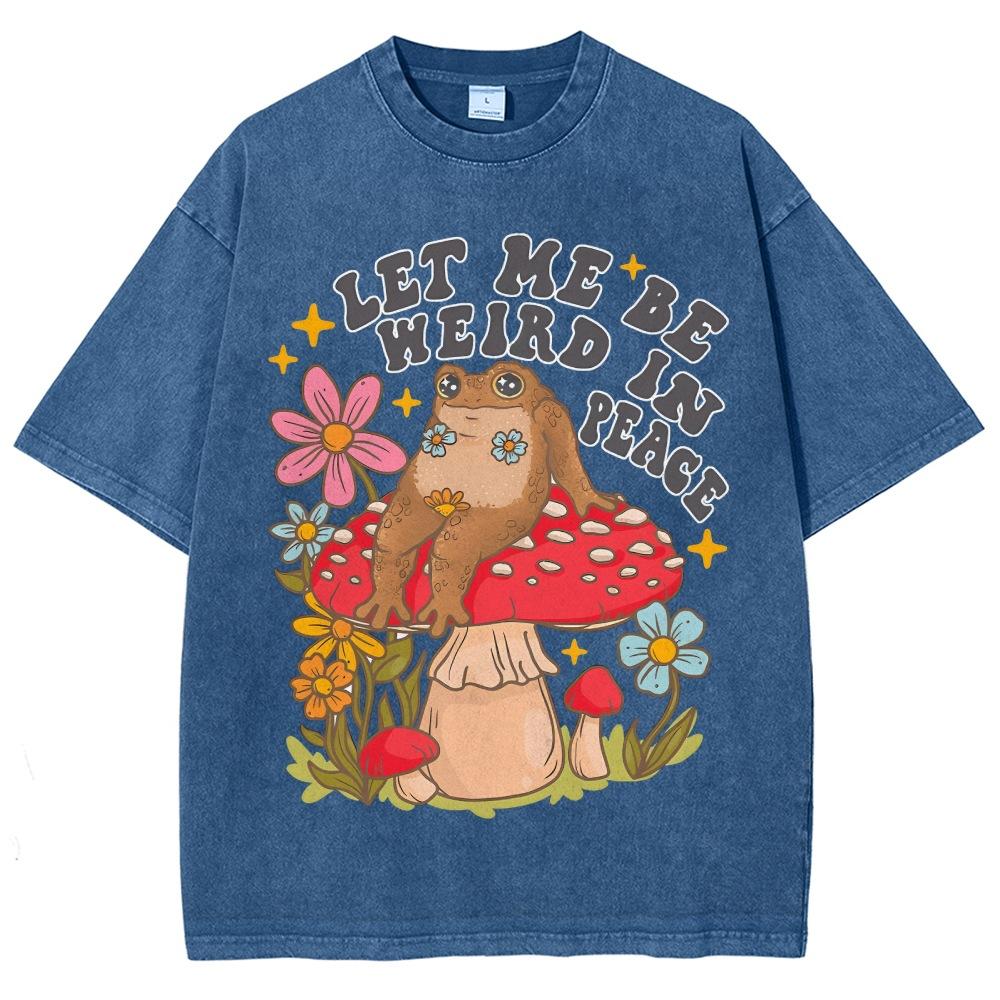Lazy Cute Frog Mushroom Flower Print T-Shirt Retro Washed De