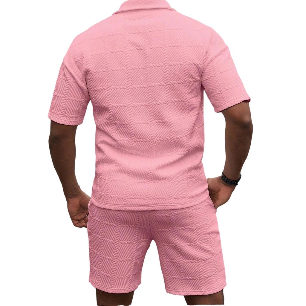 Men'S Solid Color Casual Collar Short Sleeved Shorts Two-Piece Set