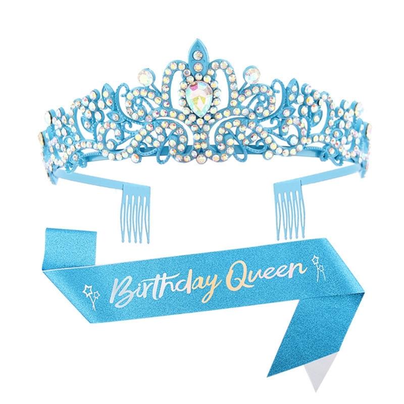 Fashionable 2pcs Rhinestones Tiaras Headband and Sash Hairpiece Hair Accesories for Women’s Birthday Party Accessories