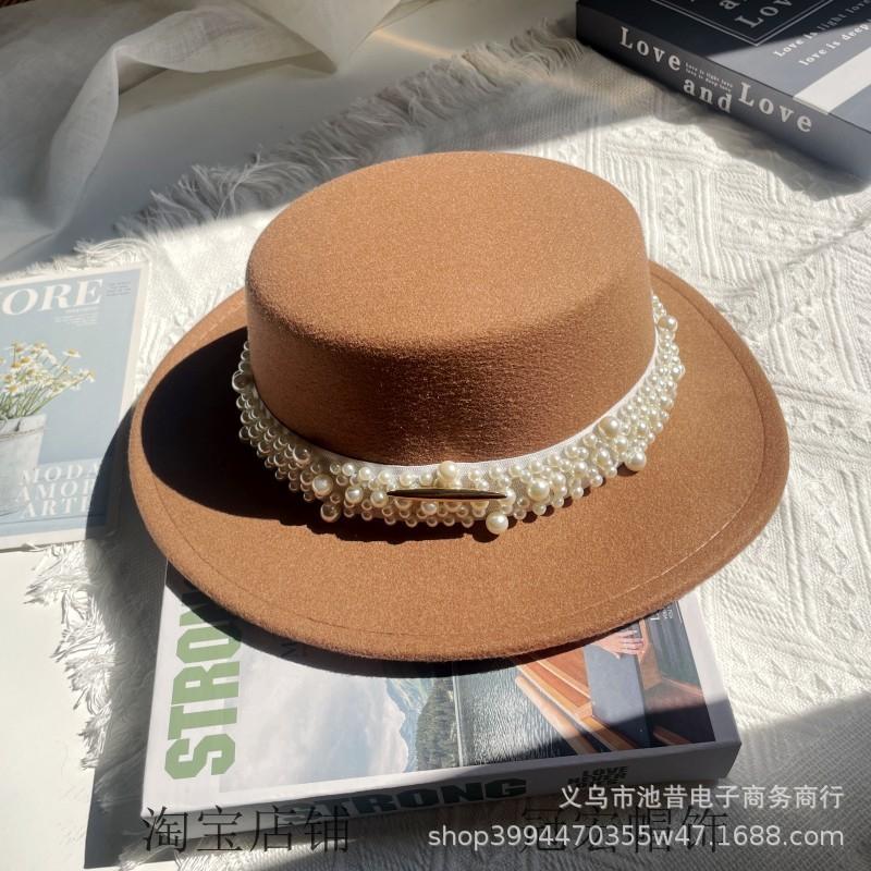 White Pearl Flat Top Woolen Top Hat Female Autumn and Winter British Retro Socialite Elegant French Wide Brim