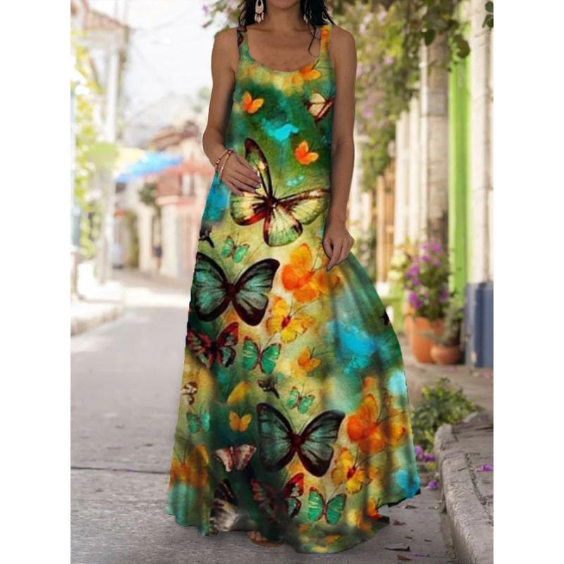 Women's Fashion Casual V Neck Printing Swing Sling Boho Loose Summer Beach Sleeveless Off-the-shoulder Mopping Dress Plus Size Long Dress