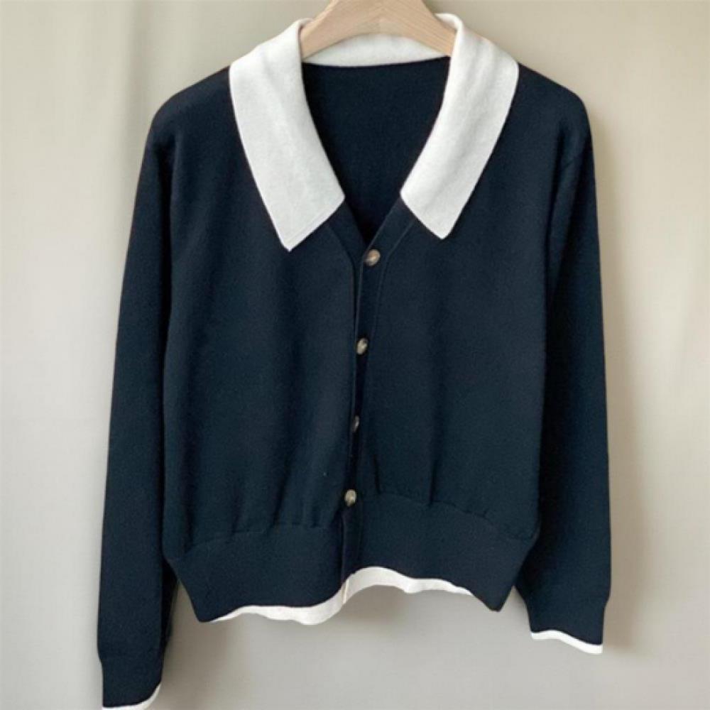 New Arrivals Open Run Women Simple Color Block Long Collar Neck Knit Cardigan