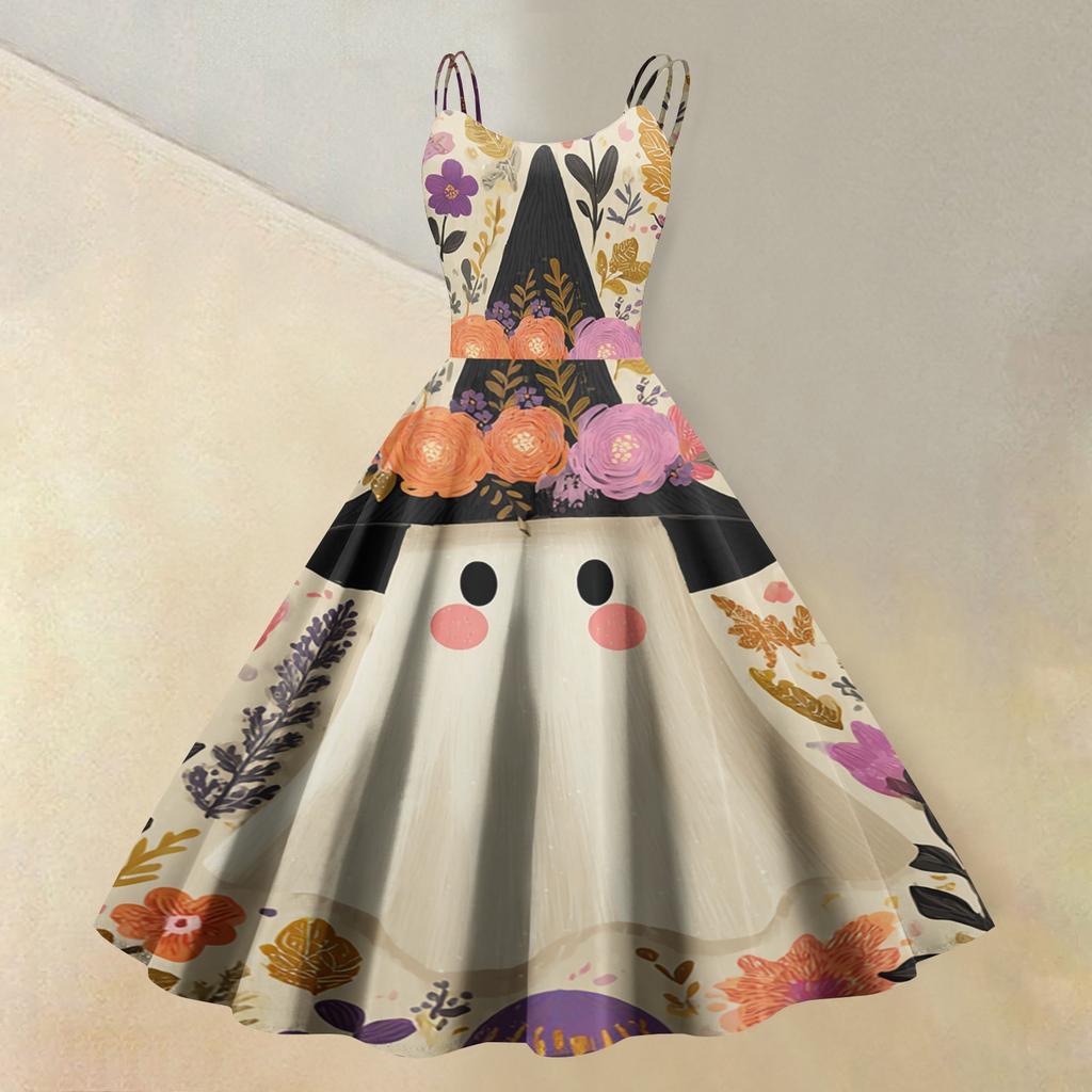 Women's Sleeveless Casual Dress Halloween Print Round Neck Vintage Style Spaghetti Strap Midi Dress for Daily Wear and Seasonal Events