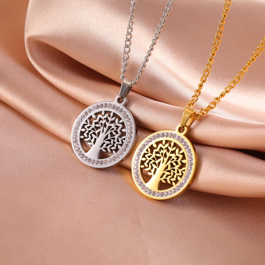 Tree of Life Clear Zircon Round Pendant Necklace Women Stainless Steel Gold Color Neck Chains Luxury Jewelry Wedding Gift