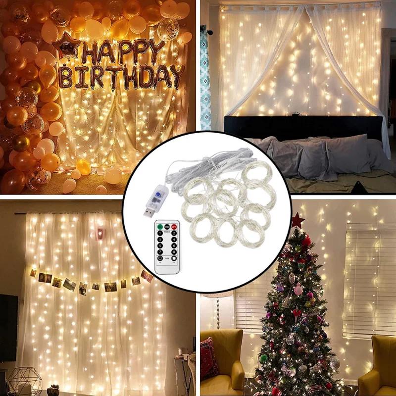 Vorhang LED Lichterkette mit 8 Modi Fernbedienung Girlande Lichter für Weihnachten Hochzeit Party Dekorationen Zimmer Fenster Lichter