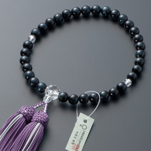 Buddhist Altar Shop Takita Shoten Kyoto Buddhist Prayer Beads for Women, Blue Tiger's Eye and Cut Crystal Beads, 8mm Beads, Silk Tassel with Head, Pra