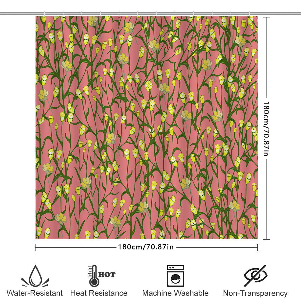 Pink Floral Shower Curtain With Yellow Flowers Bathroom Decor For Girls, Waterproof Shower Curtains, Modern Design Home Accessor