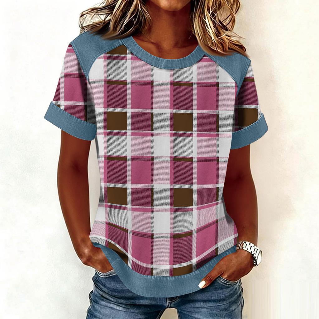 Women Denim Collar Patchwork Stitching Sweatshirt Casual  Printed Pullover Short Sleeve Shirts