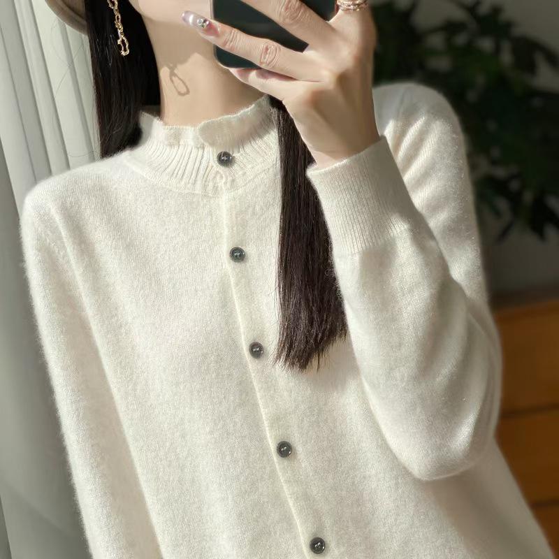 Elegant Women's Wool Knit Cardigan with Lace Collar - Long Sleeve, Loose Fit, Perfect for Spring/Autumn Layering