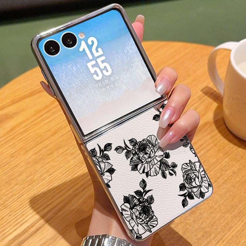 Line Flower Pattern Case For Samsung Z Fold 7 6 5 Luxury Hybrid 3in1 Leather Skin Plating Folding Phone Cover For Samsung Z Fold7 Fold6 Fold5