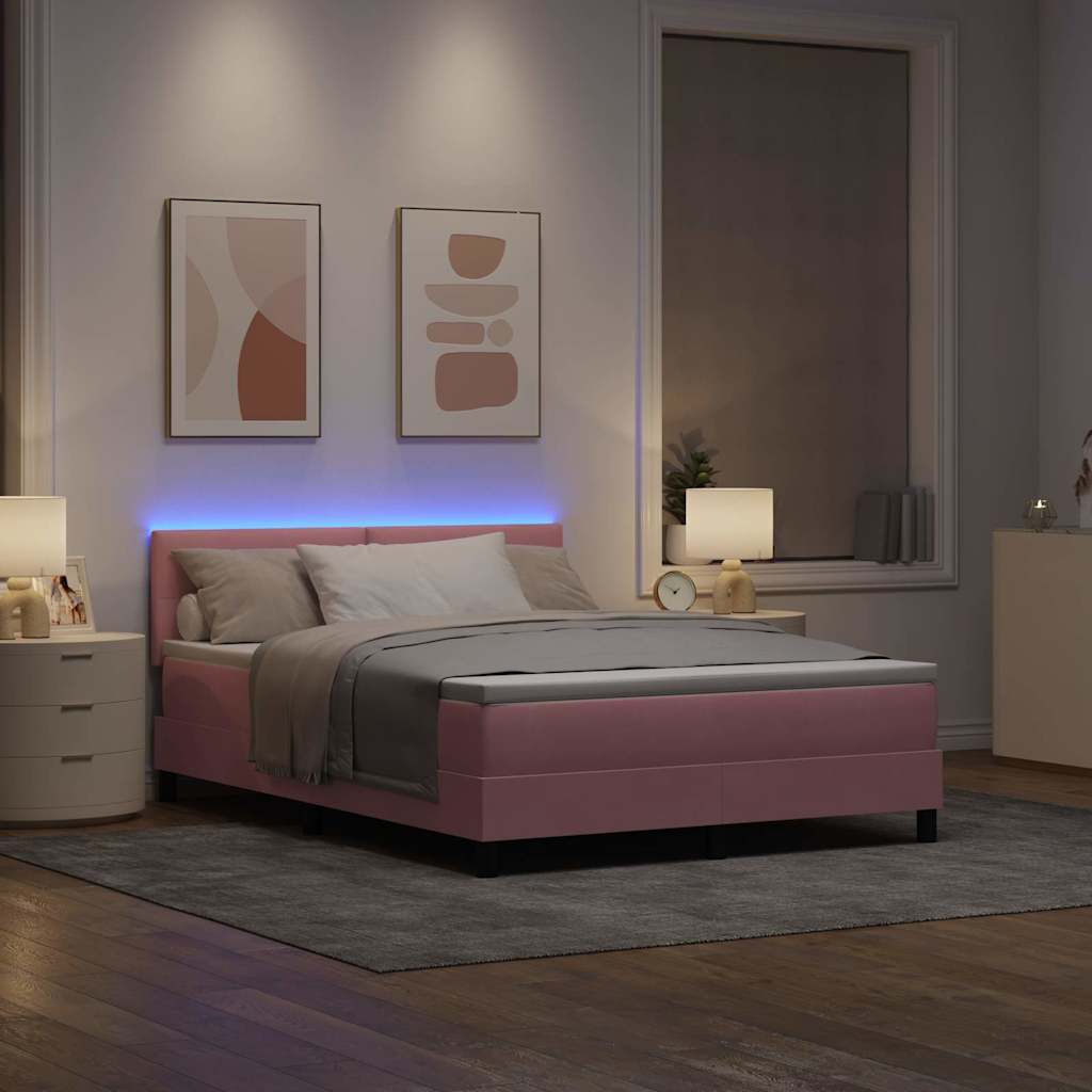 LED Box Spring Bed with Mattress Pink 140 X 190 Cm Velvet