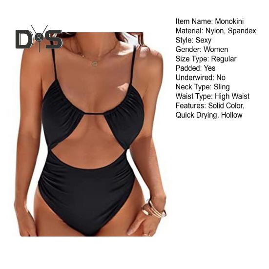 Women One-piece Swimsuit Sling High Waist Hollow Monokini Solid Color Quick Drying Elastic Fabric Beachwear with Chest Pad