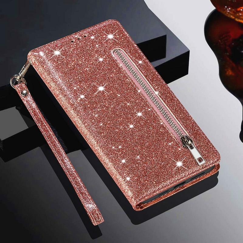 Custodia a Portafoglio Flip in Pelle con Zip Glitterata Per Samsung A57 A37 A17 A56 A36 A26 A16 A55 A35 A25 A15 A54 A34 5G S21 FE S22 S23 S24 Plus S25 Edge S26 Ultra
