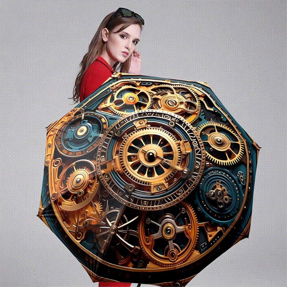 Steampunk Automatic Folding Umbrella with Gears & Clockwork Mechanism - 8-Rib Durable Iron Frame, Portable Collapsible Design,