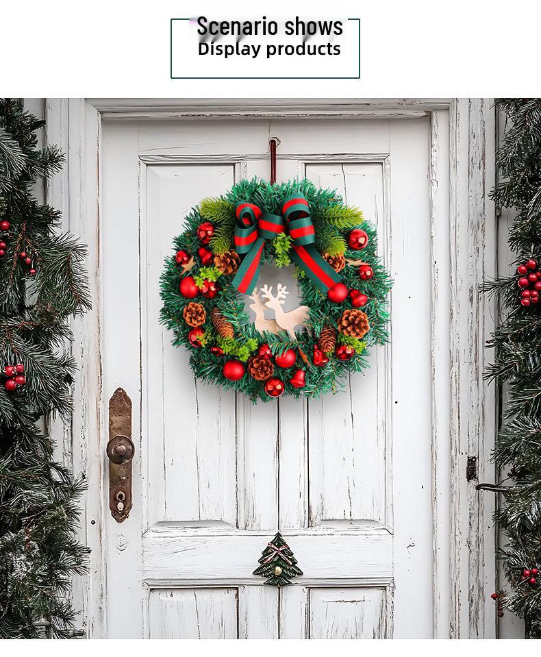 Christmas Pine Needle Reindeer Wreath with Colored Balls and Bow – Wooden Door Hanging Ornament