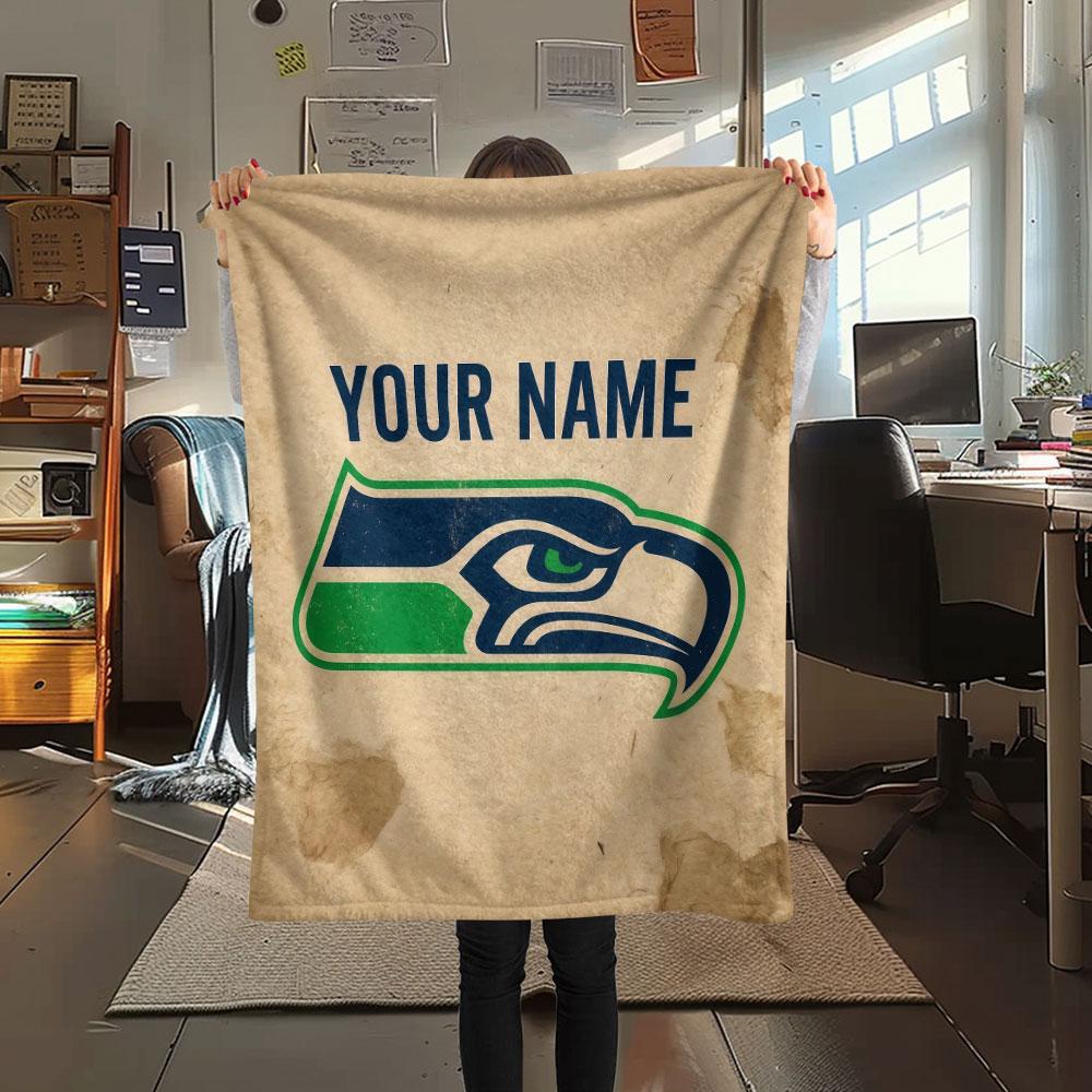 Custom Name,Seattle Seahawks Printed Flannel Blanket, Soft Throw for Bedroom Sofa, Washable, Christmas Present, Great Gift.