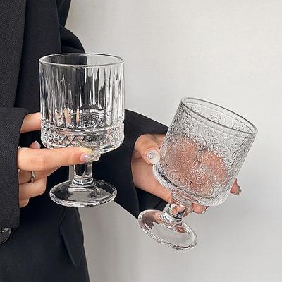 Korean Style Engraved Embossed Small Goblet Glass Cup For Soju Sake Liquor Short Stemmed Glass