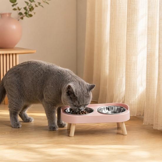 Nostalgie Elevated Cat Bowl, Dual 13.53oz Stainless Steel Bowls, Non Spill Bowl with Raised Stand, Pet Food And Water Set for Indoor Cats