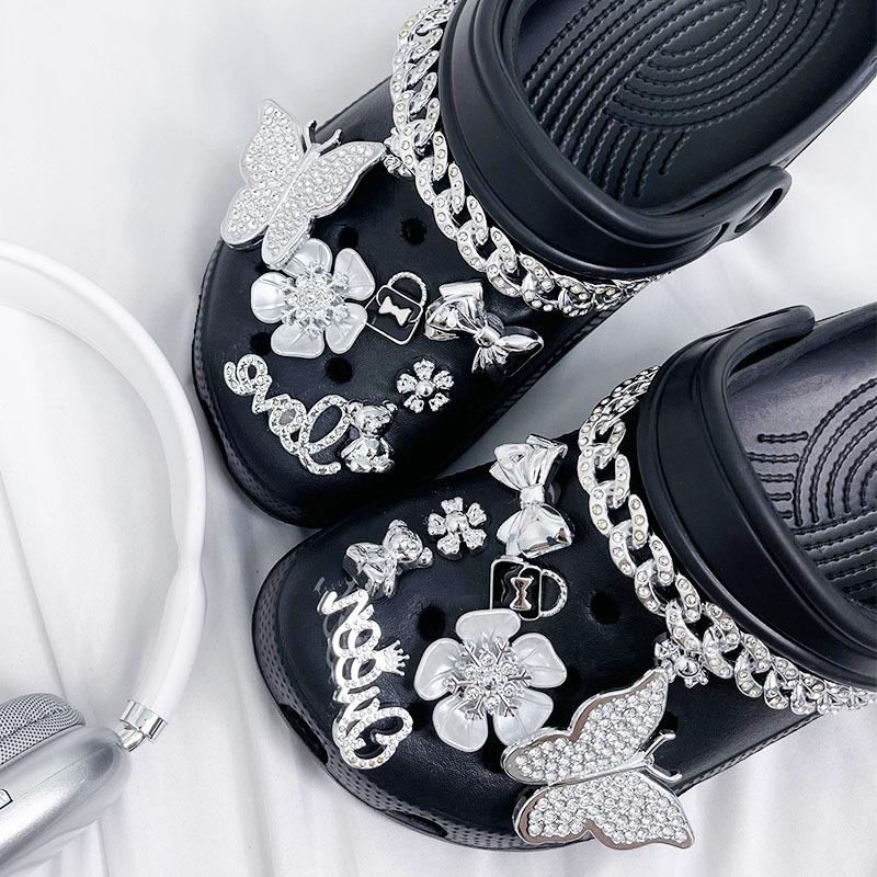 16PCS Luxury Shoe Charms Set Accessories Hole Shoe Buckle Silver Rhinestone Butterfly Chain DIY Shoes Decorations Party Gift