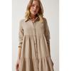 Women's Beige Muslin Flared Shirt Dress Sa00024