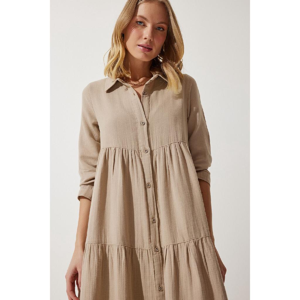 Women's Beige Muslin Flared Shirt Dress Sa00024