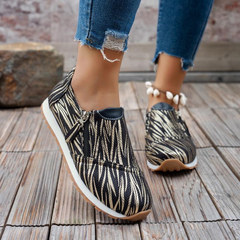 Women's Flat Shoes Autumn New Round Head Color Combination Deep Mouth Side Zipper Soft Sole Non-slip Low Top Shoes