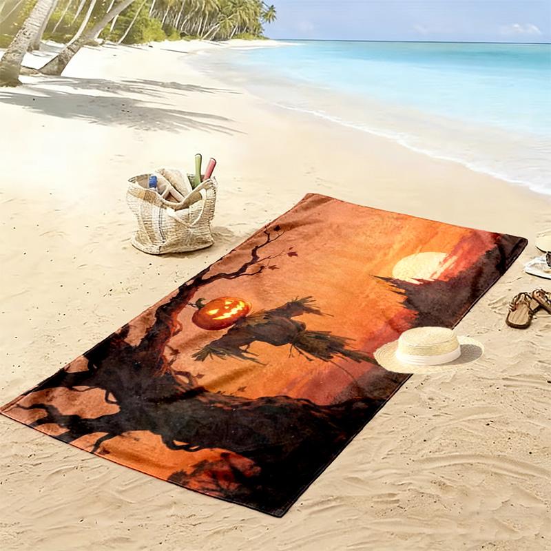 Halloween Pumpkin Head Scarecrow Castle Print Beach Towel, Spooky Quick‑Dry Towel for Beach Pool Travel