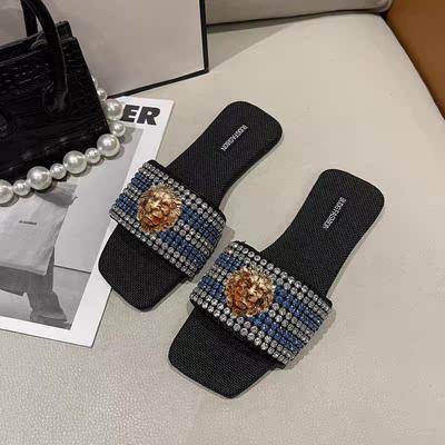 Luxus Diamant Hausschuhe Damen tragen Sommer neu fa shion flacher Boden Netz rot Strass Zehensandalen fashio Slipper Sandale T21
