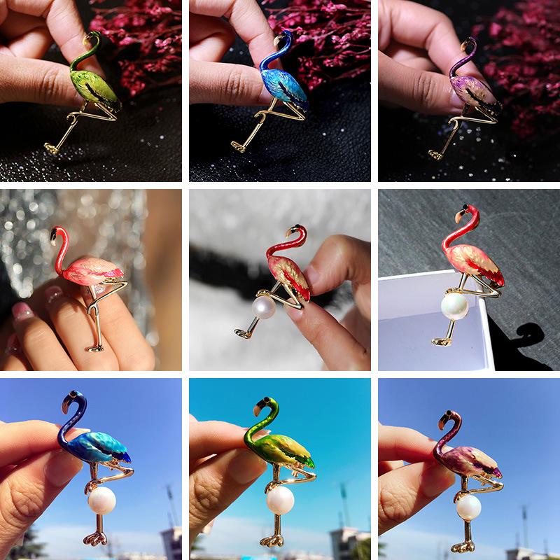 Cloisonné Flamingo & Pearl Brooch - Elegant Cartoon Pin Corsage