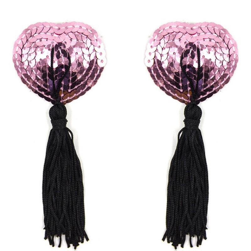 Heart-Shaped Sequined Nipple Covers with Tassels - Silicone Pasties Lingerie Accessories