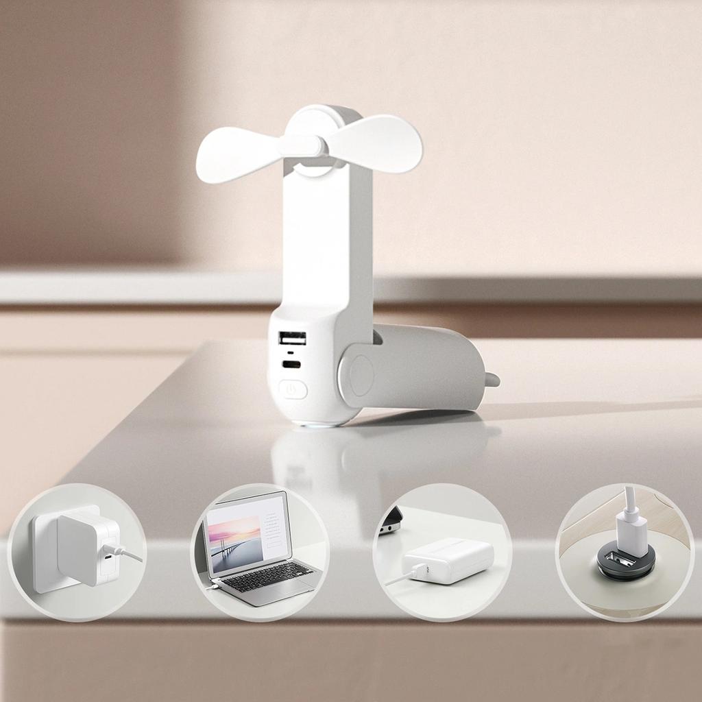 Mini Wentylator Wiatrak Przenośny Z Funkcją Powerbanka I Latarką Składany 4500Mah Usb-C - Biały