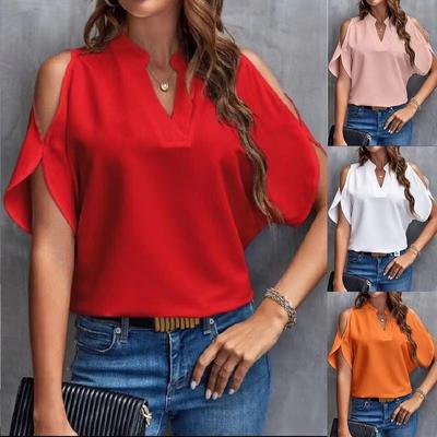 Damenmode, lässig, Sommer, Frühling, einfarbig, bedruckt, kurzärmelig, V-Ausschnitt, Blusen und Hemden
