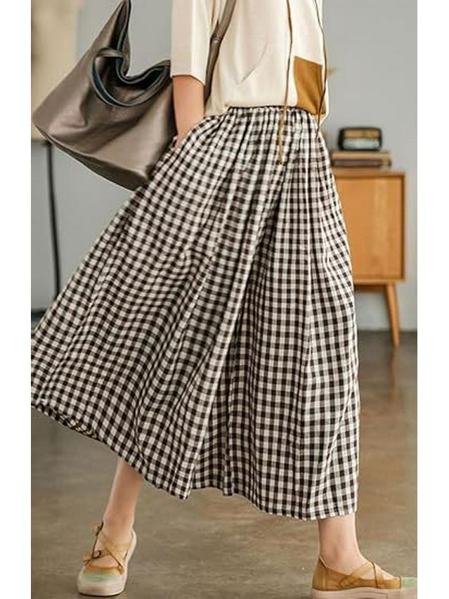 2024 Autumn Plus Size Plaid Cotton Linen Wide-Leg Skirt Pants - Elegant and Casual