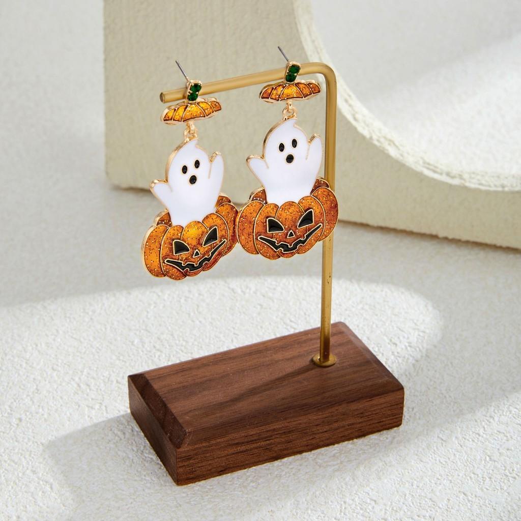 Chic Ghostly Pumpkin Earrings With Intricate Rhinestone Detailing Ideal For Fashionistas Halloween