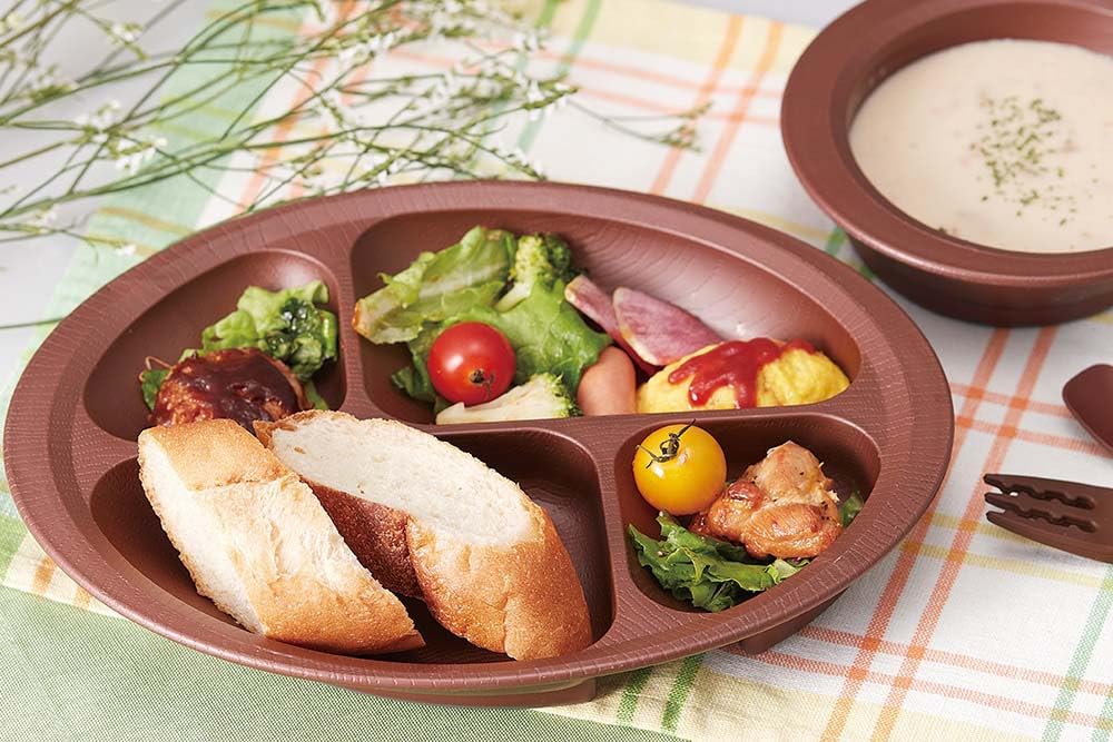 Skater Easy to Scoop Divider Plate Tableware Dishes Wood Grain Cream Plastic Durable Made of Biomass Raw Materials Microwave and Dishwasher Safe