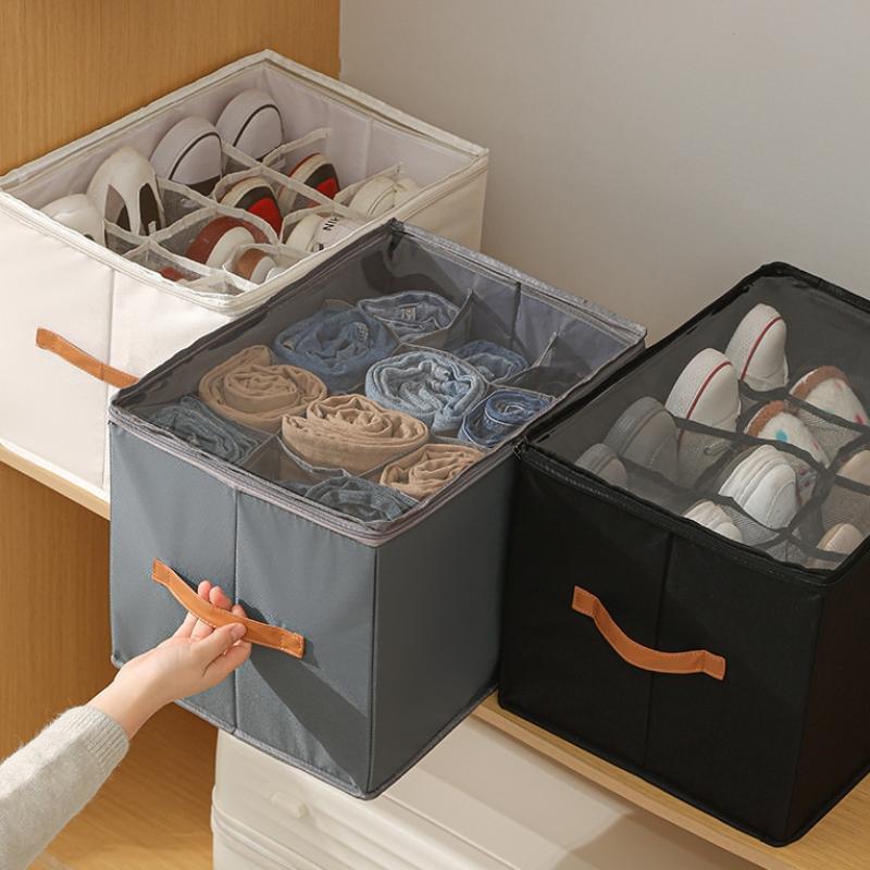 Foldable Fabric Shoe Storage Organizer 12 Grids Clear Lid Zipper Closure Easy Carry Handle for Space Saving Organization
