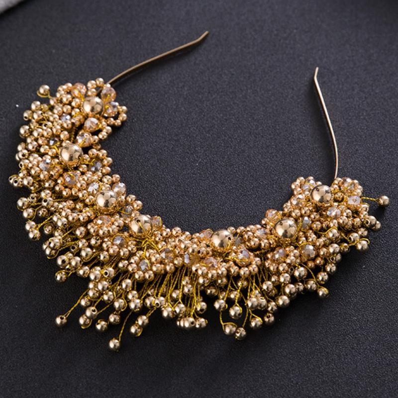 Gold Color Pearl Flower Headband Hairband Tiara for Women Pageant Bridal Wedding Hair Accessories Jewelry Crown Tiara Headband