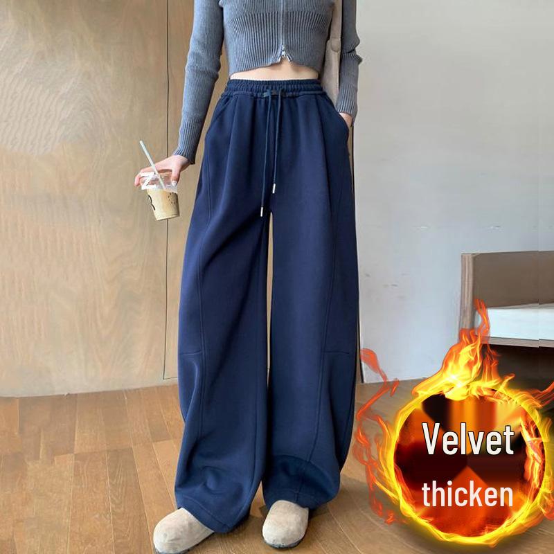 Women's Fleece-Lined Wide-Leg High-Waisted Sports Pants: Slimming, Loose-Fit, Autumn/Winter Casual Sweatpants.