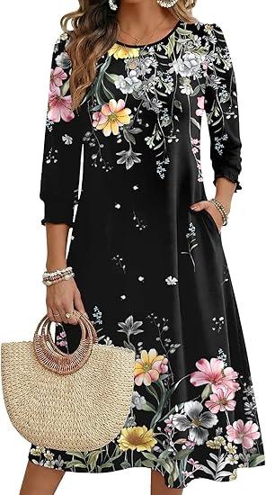 Women's Summer, Pocket Seven-Sleeve Floral Medium and Long Casual Dress