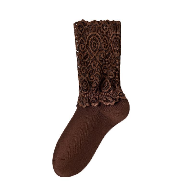 

Medium To Long Tube Trendy Socks With Lace And Lace Pile Socks For Women One Size кофейный