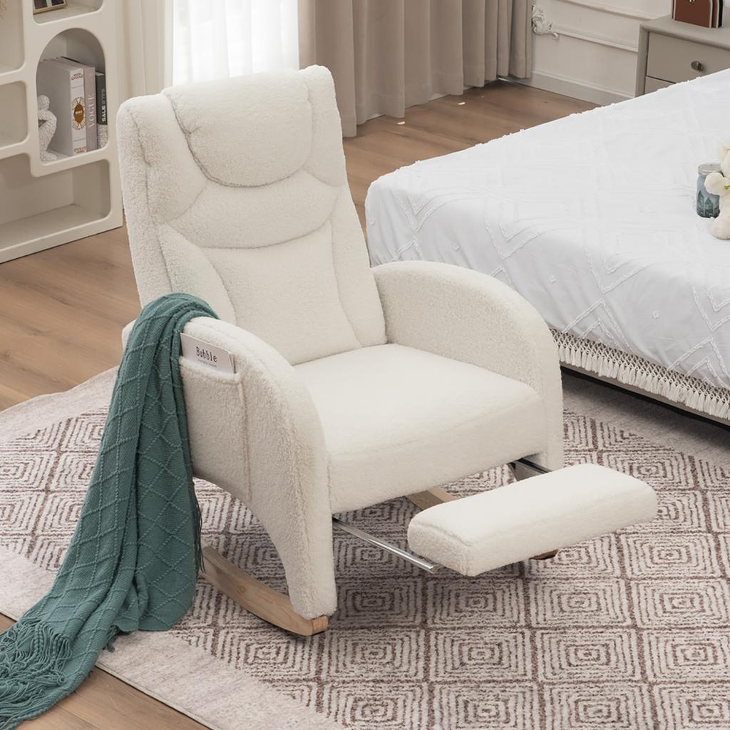 052 Rocking Chair, Recliner, Living Room Chair with Armrest, Upholstered, Accent Chair for Bedroom, White Teddy Fabric, 110 Kg Load Capacity