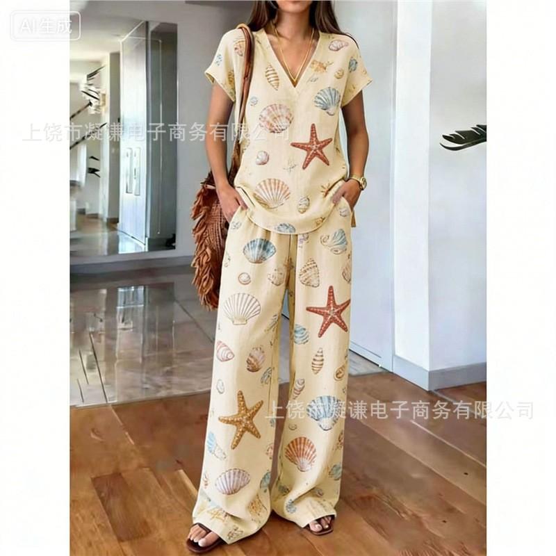 Y116 Summer Loose Top Wide-leg Pants Two-piece Women's Clothing European and American Fashion Suit