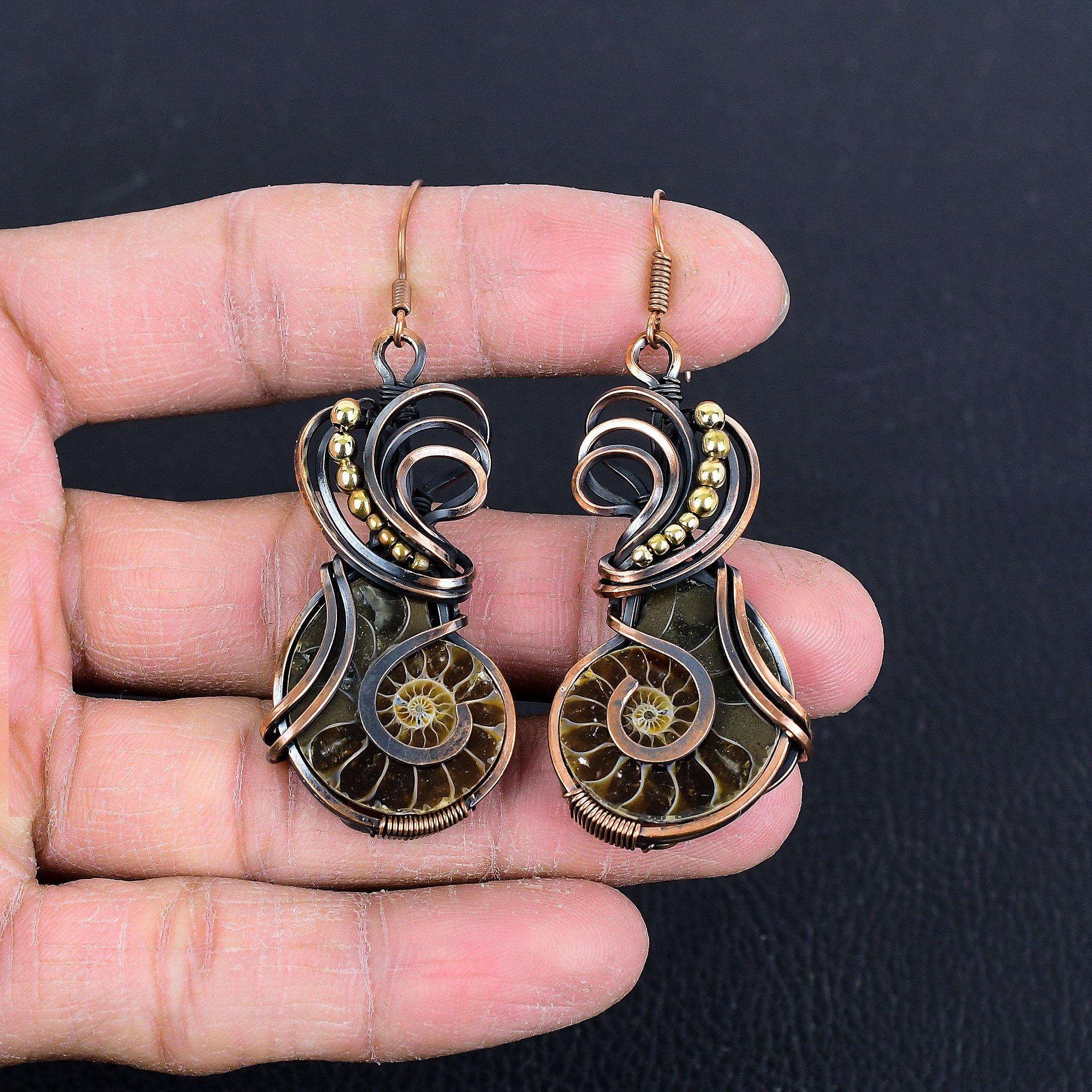 

Серьги с окаменелостями аммонитов, серьги, обмотанные медной проволокой 999 пробы, серьги из драгоценных камней ручной работы для Дня памяти