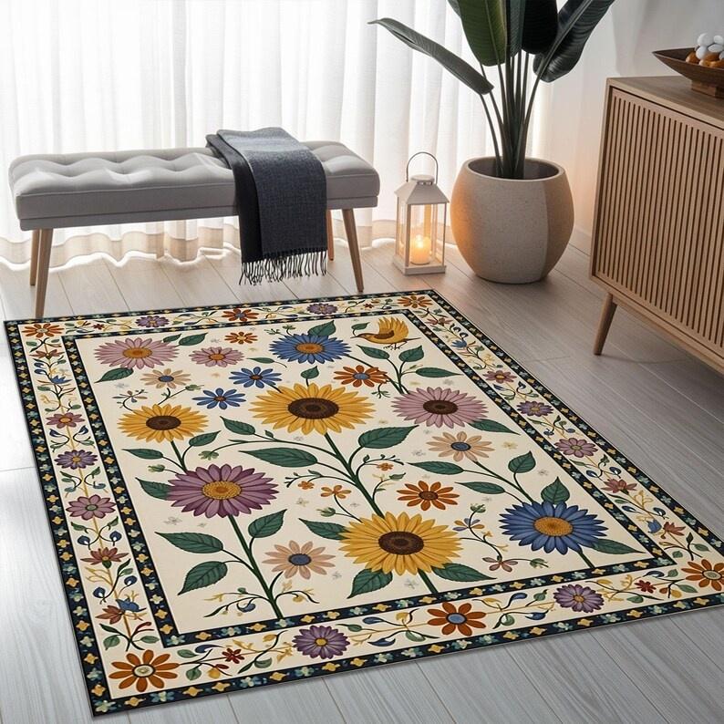 Sunflower Rug Living Room Rug Elegant Sunflower Rug Nature Inspired Sunflower Rug Vibrant Colorful Floral Design Living Room