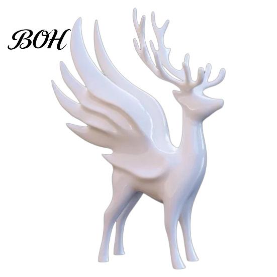 Angel Wing Reindeer Sculpture Christmas Elk Statue with Wings, 3D Printed Figurine, Modern Antler Deer Decor Standing for Dining Table, Fireplace,