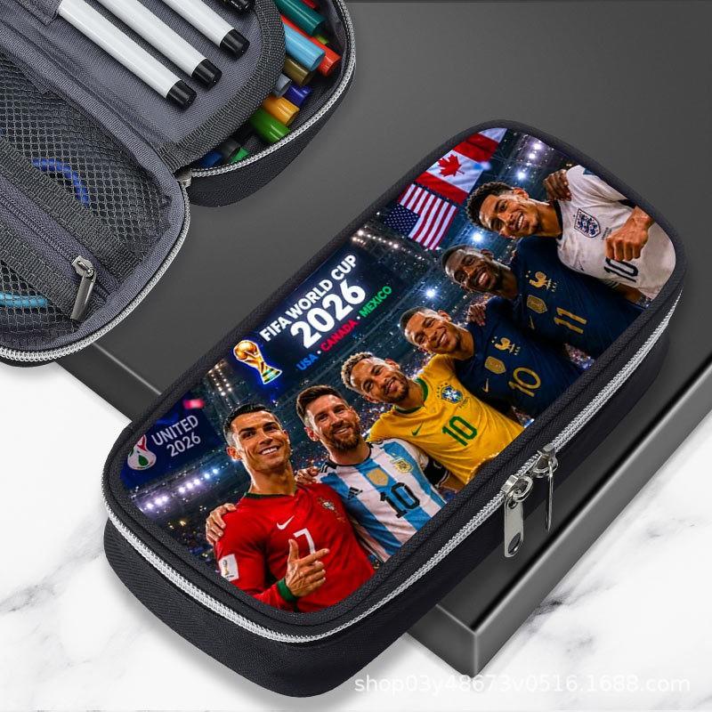 Large Capacity Cartoon Soccer Pen Pouch Kids Students Oxford Fabric Pencil Case With Cristiano Ronaldo Yamal Design